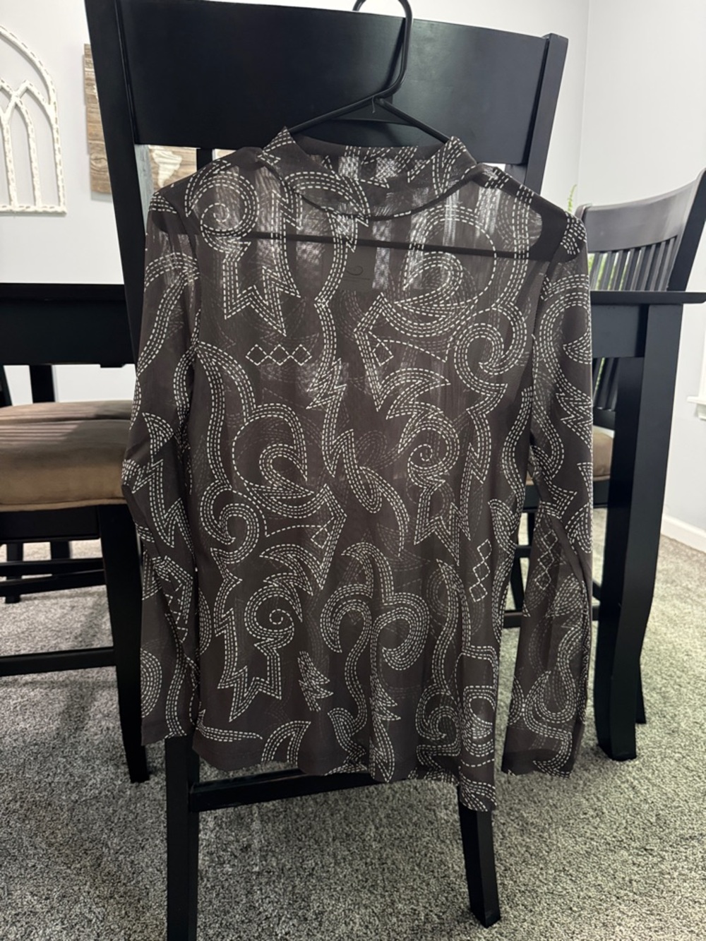 Sheer Black Top with White Bootstitch-Style Print